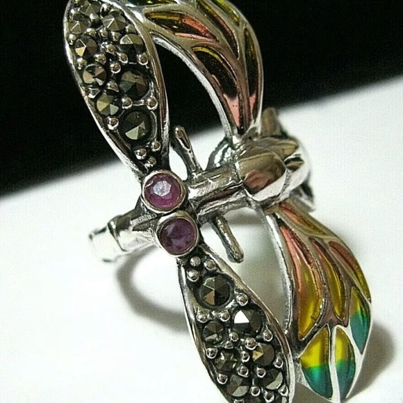Dragonfly ring sterling silver marcasite and plique a jour Art Deco style new - Picture 3 of 9